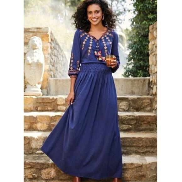 Soft Surroundings Socorro Maxi Dress MP Peasant Smocked Boho Embroidered - Picture 1 of 16
